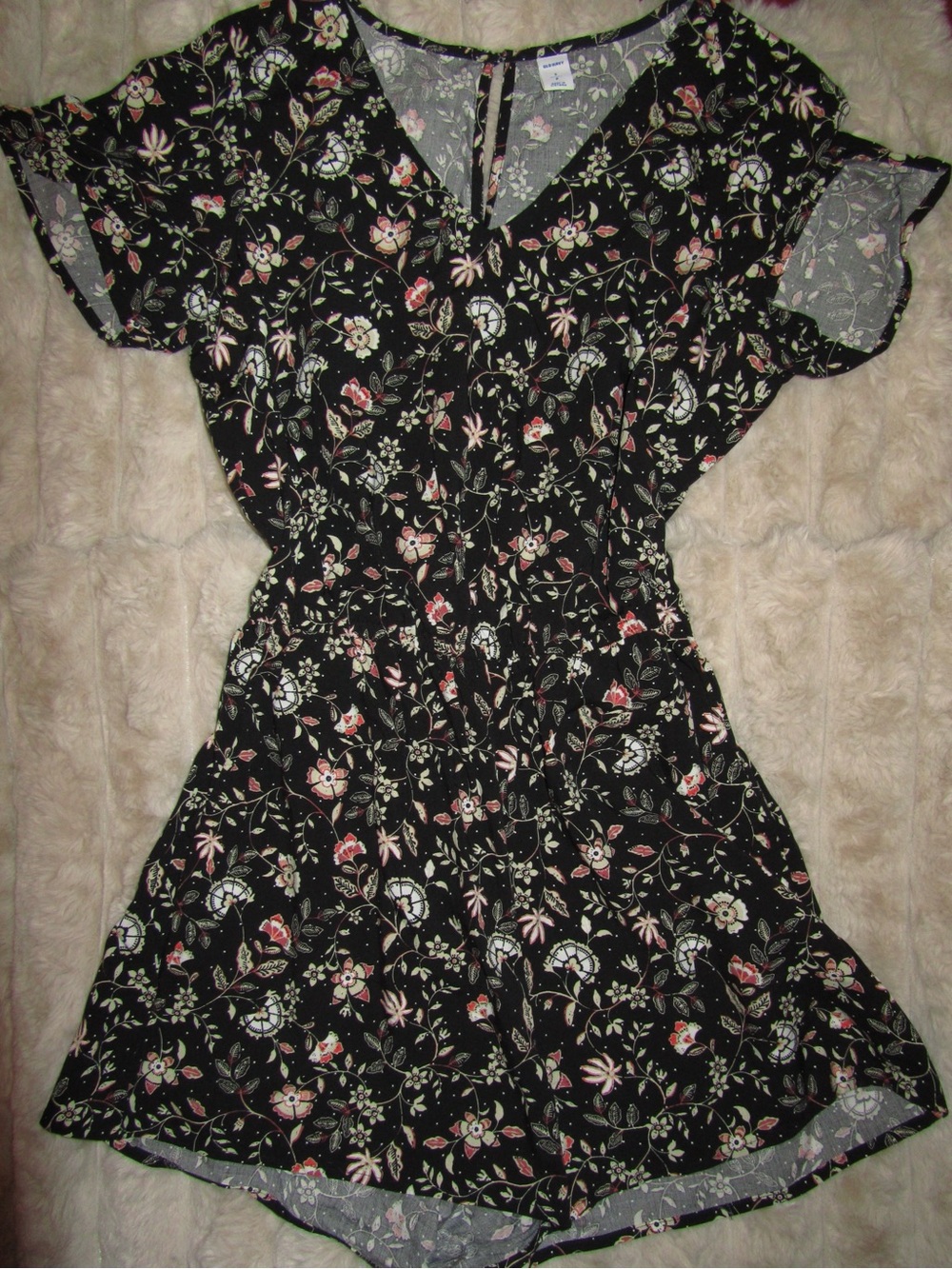 Old Navy Black Floral V-Neck Romper with Pink and Cream Accents